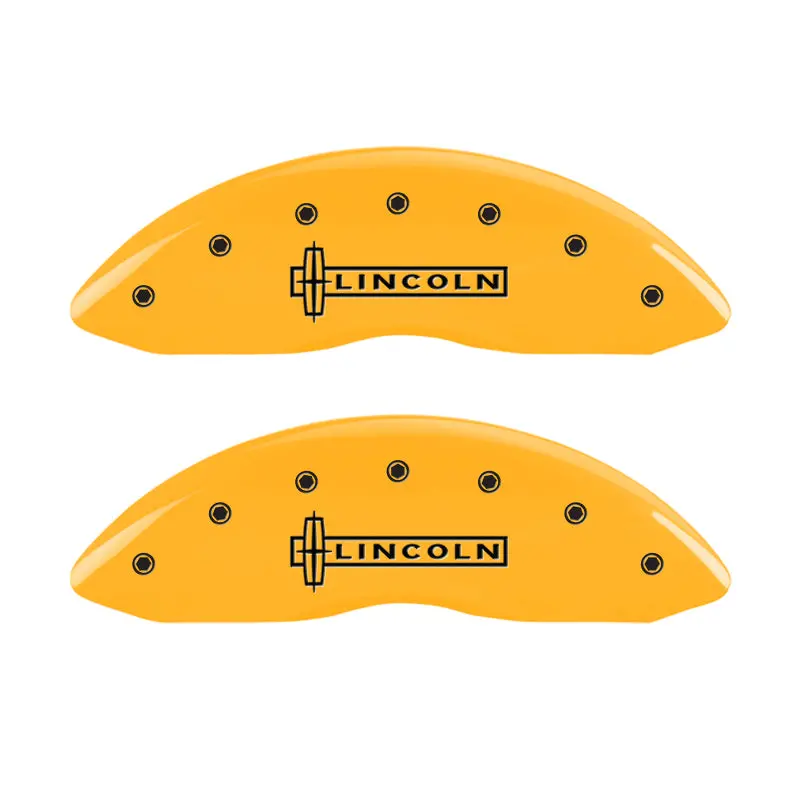 Mgp Engraved 4-Piston Caliper Covers For 2017 Lincoln Continental – Yellow Finish With Black Charcoal Accents And Lincoln Star Logo 1