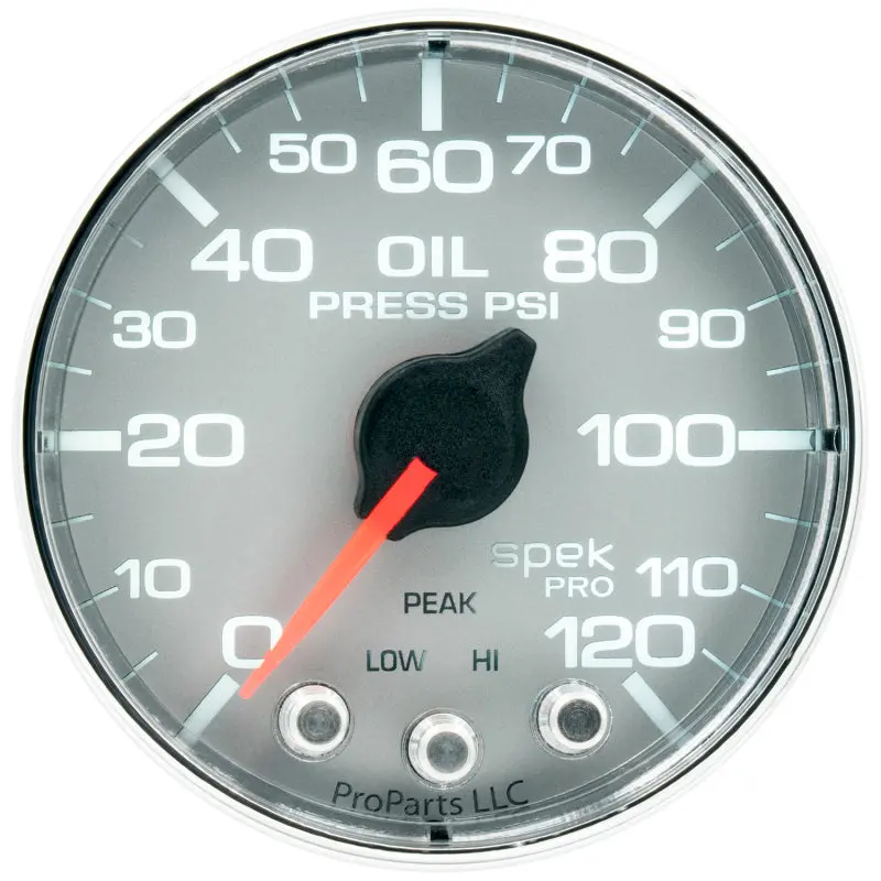 Autometer Spek-Pro Oil Pressure Gauge – 2-1/16", 120 Psi Range, Stepper Motor, Peak Hold & Warning, Silver/Chrome Housing 1